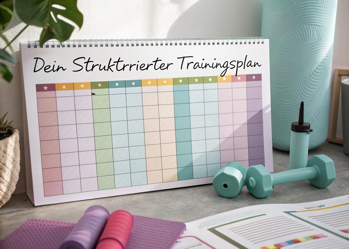 Vibrante Kalenderseite mit 12-Wochen-Trainingsplan, eleganter Kalligrafie und Fitnesszubehör in einem modernen Büro