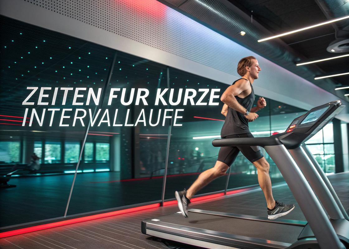 Professioneller Athlet auf Laufband mit Intervalltraining-Daten in modernem, hochtechnologischem Fitnessstudio