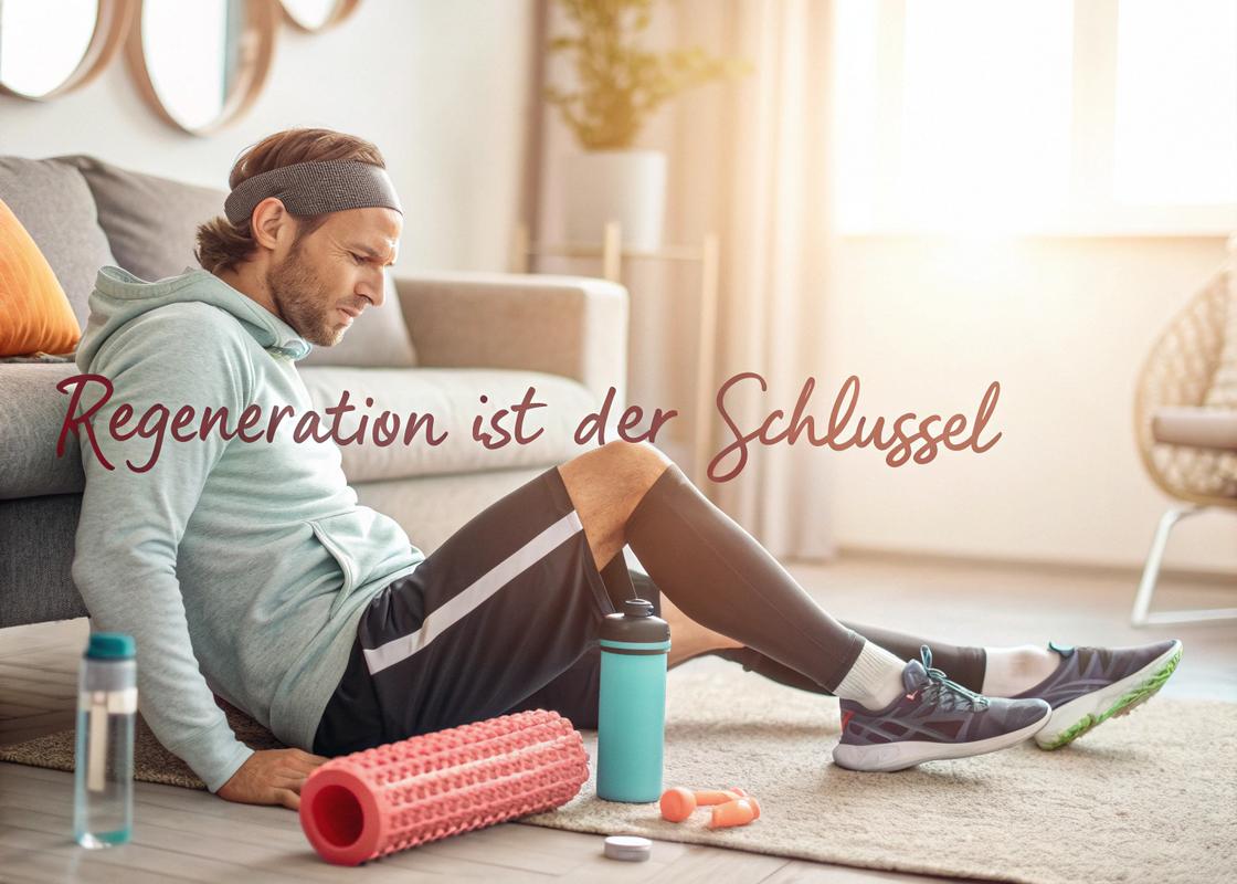 Ein Athlet ruht sich in einem gemütlichen Wohnzimmer nach einem langen Lauf aus, umgeben von Erholungsutensilien wie Schaumstoffrollen und Wasserflaschen, mit der deutschen Handschrift 'Regeneration ist der Schlüssel'.