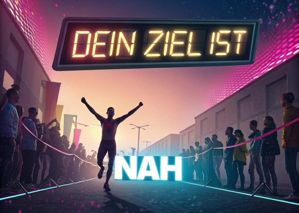 Motivationsposter mit einem Athleten, der die Ziellinie überquert, mit neonlichteffekten und der Aufschrift 'Dein Ziel ist nah'