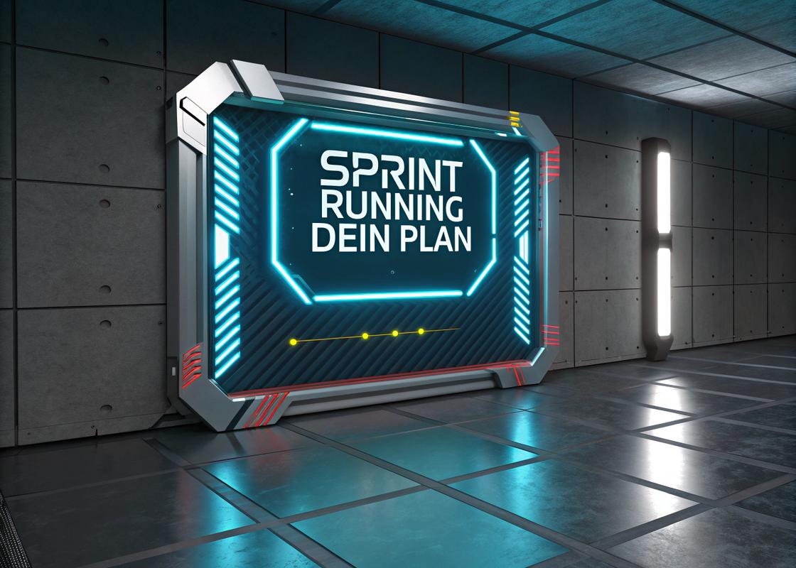 Digitale Countdown-Uhr und Lauf-App mit Intervalltraining-Metriken, futuristischem Design in Neonblau und Weiß, mit dem deutschen Text 'Sprint Running - Dein Plan'.