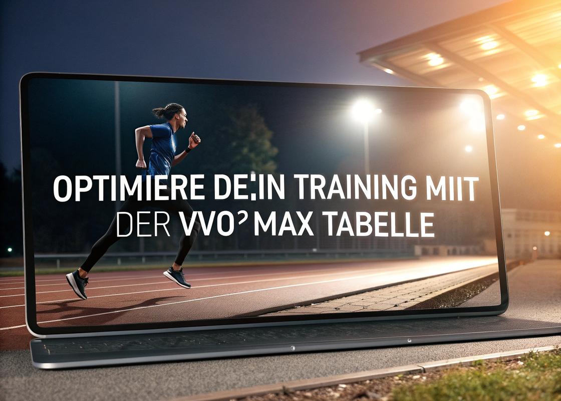 Stylisches digitales Dashboard mit VO₂max-Daten, ein Läufer in Bewegung auf einer Laufbahn unter filmischer Beleuchtung, lebendige Farben heben Leistungsdaten hervor.