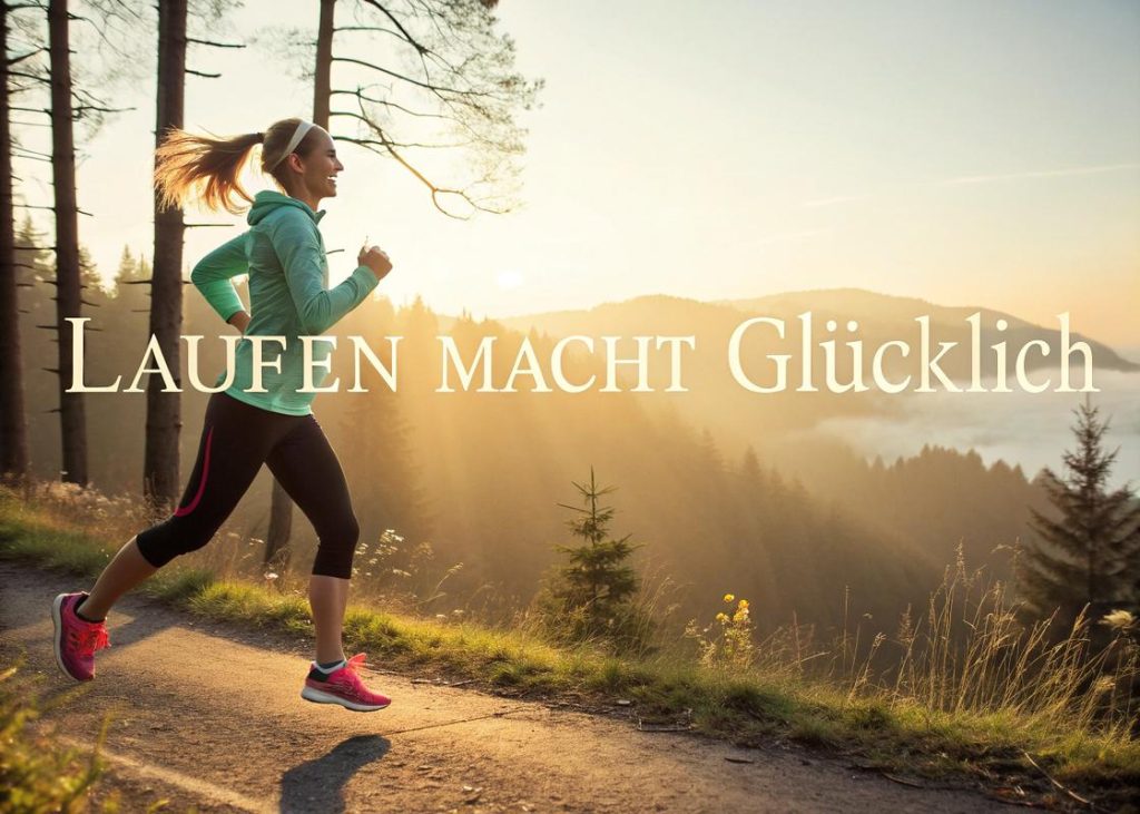 Frau im Laufdress in dynamischer Pose auf einem Waldweg bei Sonnenaufgang, die Haare wehen im Wind, mit der Text 'Laufen macht glücklich' in moderner Typografie.