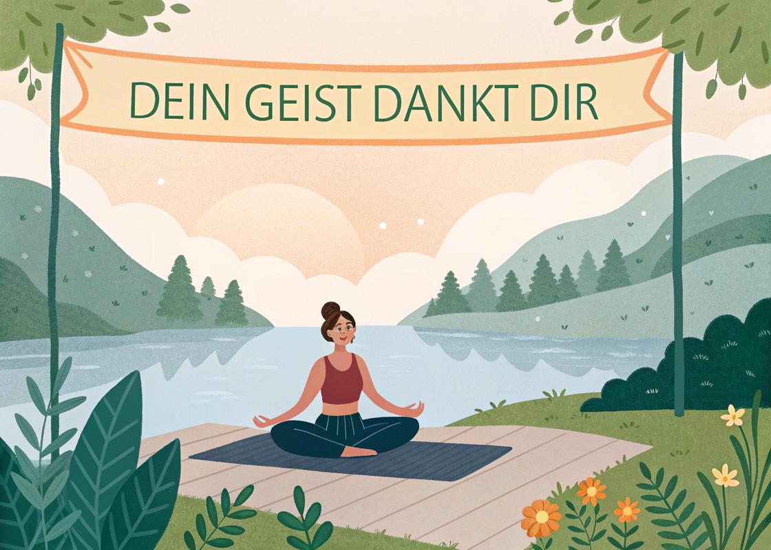 Frau meditiert am Seeufer nach einem Lauf, mit der künstlerischen Aufschrift 'Dein Geist dankt dir' auf einem Banner