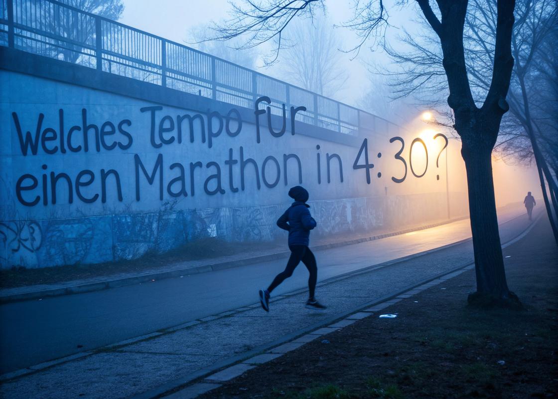 Läufer auf urbanem Weg bei Morgennebel, mit Graffiti 'Welches Tempo für Marathon 4:30' an der Wand