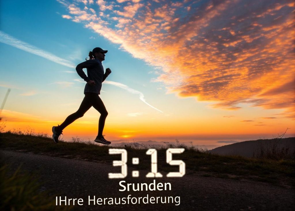 Läufer auf einer Laufstrecke bei Sonnenaufgang, digitale Uhr zeigt 3:15, mit motivierendem Text 'Marathon in 3:15 Stunden'.
