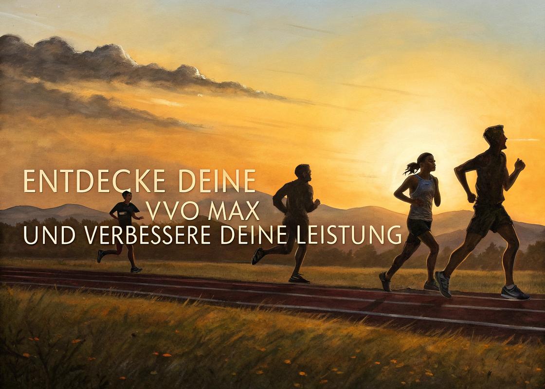 Gruppe von Läufern bei Sonnenuntergang auf einer Laufbahn, Silhouetten mit warmen Farben, Text 'Entdecke deine vVO₂max und verbessere deine Leistung' im Bild integriert, im impressionistischen Malstil.