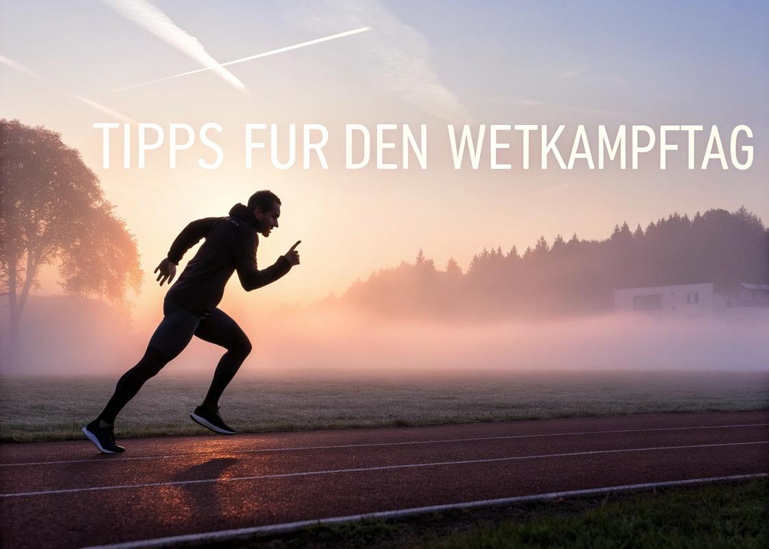 Leichtathlet in dynamischer Sprintbewegung auf einer Laufbahn bei Sonnenaufgang, umgeben von Nebel, mit leuchtendem Text 'Tipps für den Wettkampftag'