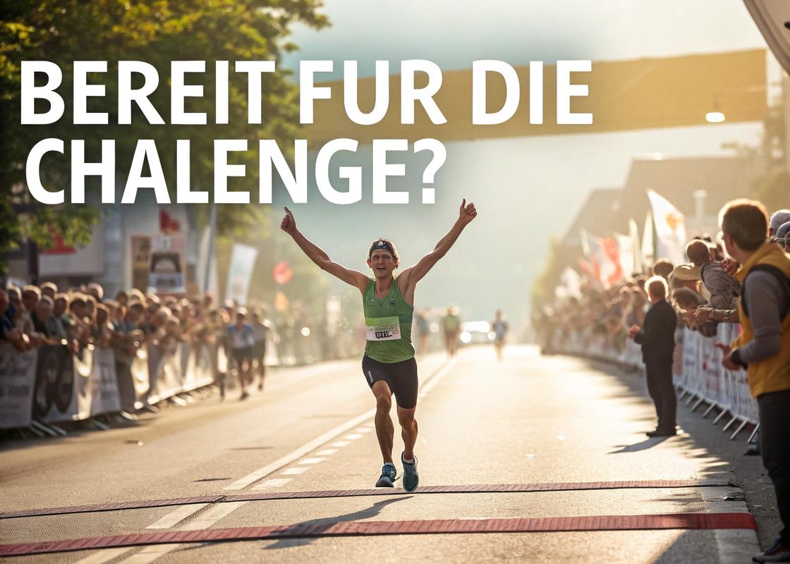 Marathonläufer durchbricht die Ziellinie, umgeben von jubelnden Zuschauern, mit dem Banner 'Bereit für die Challenge?' im Hintergrund.