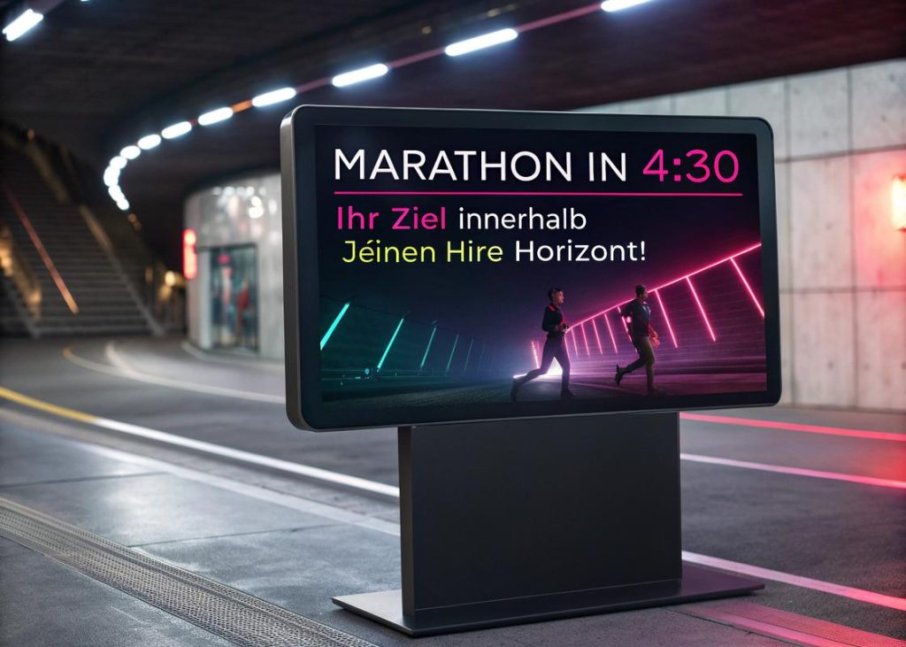 Digitales Dashboard mit 12-Wochen-Trainingsplan für Marathon, neonfarbene Akzente, futuristische Schrift mit dem Text 'Marathon in 4:30 - Ihr Ziel innerhalb Ihrer Horizonte!'