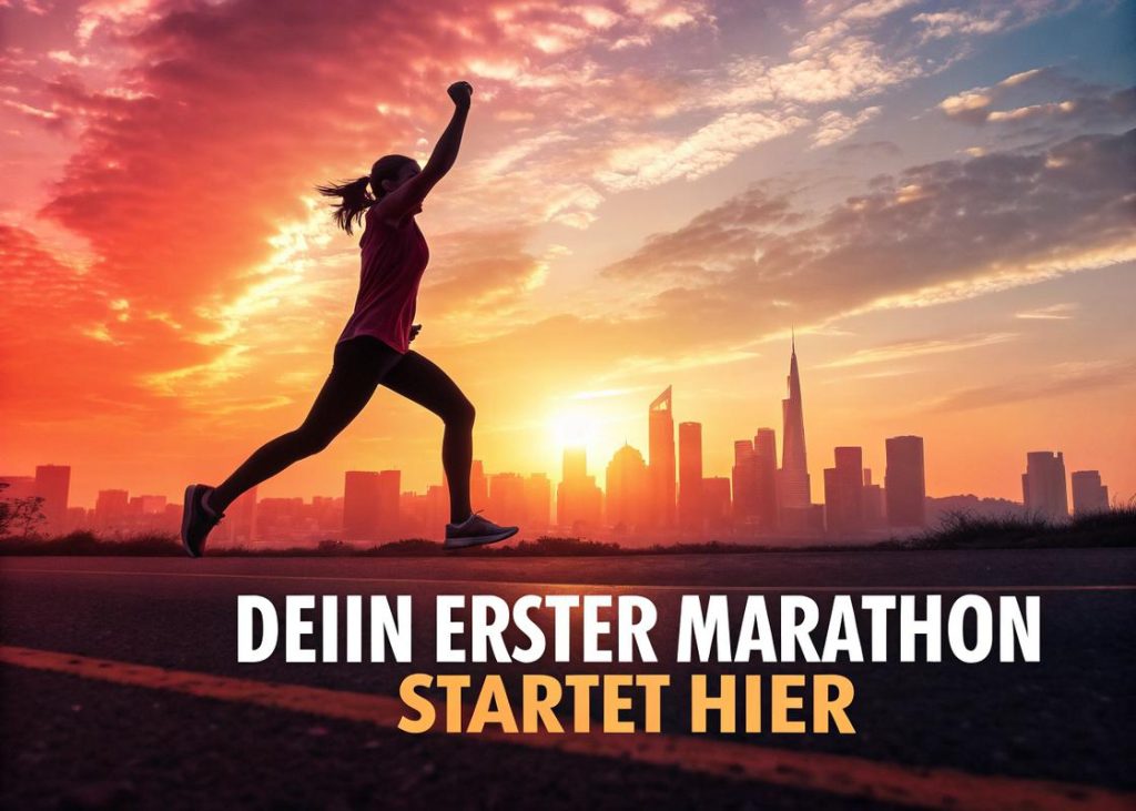 Motivationsposter für Anfänger-Marathonläufer zeigt einen Läufer bei Sonnenaufgang über einer Skyline in dynamischer Pose mit dem Text 'Dein erster Marathon startet hier'