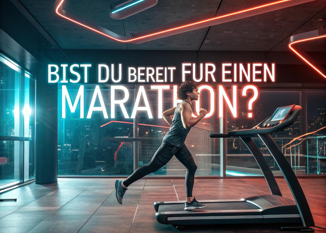 Futuristische Gym-Szene mit einem Läufer auf dem Laufband, Neonbeleuchtung und der Text 'Bist du bereit für einen Marathon?'