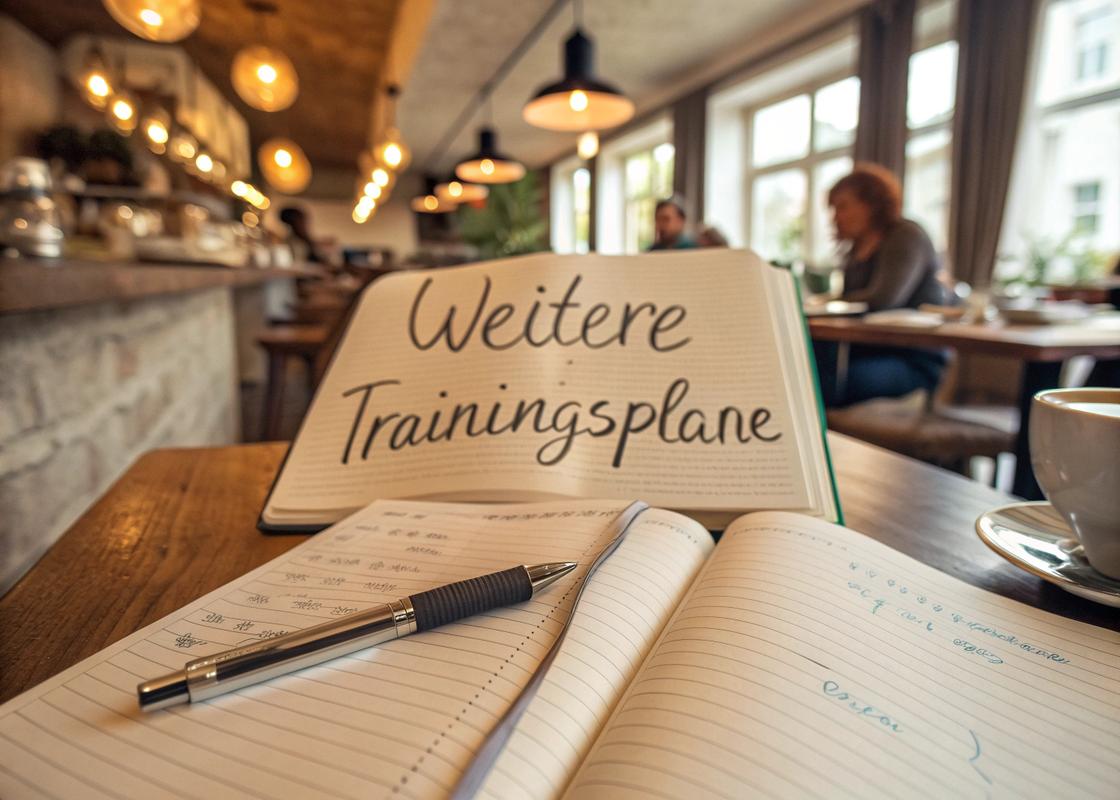 Offenes Tagebuch mit handschriftlichen Notizen zu Marathonplänen, in einer gemütlichen Kaffeeshop-Umgebung mit warmer Beleuchtung und Vintage-Filter