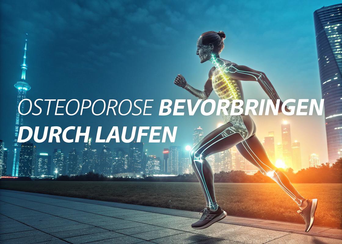 Futuristisches leuchtendes Skelettmodell beim Laufen, mit der Aufschrift 'Osteoporose vorbeugen durch Laufen' entlang eines digitalen Pfads, im Hintergrund eine leuchtende Cyberpunk-Stadtlandschaft.