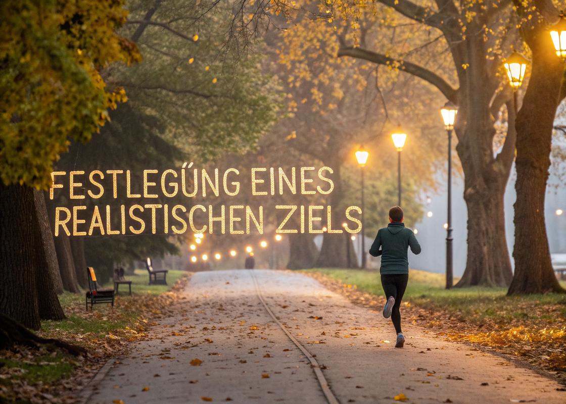 Ein Läufer dehnt sich auf einem ruhigen Parkweg, umgeben von herbstlichen Blättern und einem künstlerischen Schild mit der Aufschrift 'Festlegung eines realistischen Ziels'