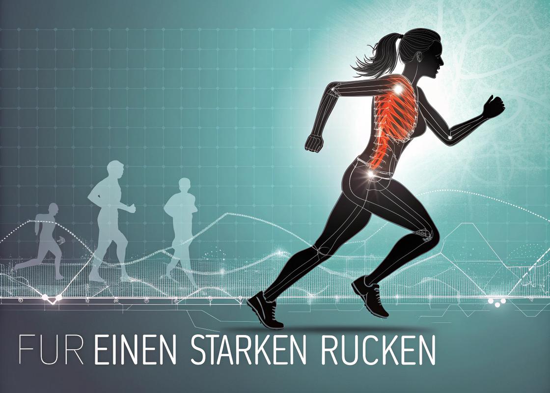 Detailierte anatomische Darstellung der positiven Wirkung des Laufens auf die Rückenmuskulatur einer Frau, mit biomechanischen Hervorhebungen und dem deutschen Satz 'Für einen starken Rücken' in holografischem Stil.