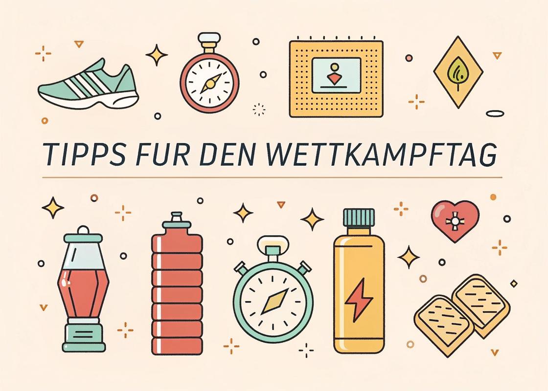Sammlung von Symbolen und Ikons mit Tipps für den Wettkampftag, darunter Wasserflaschen, Uhren und Energieriegel, in flachem Design und warmen Pastellfarben