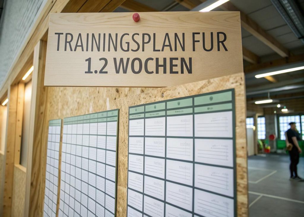 Detailaufnahme eines strukturierten Trainingsplans für einen Marathon mit deutschem Text 'Trainingsplan für 12 Wochen' auf Holztextur.