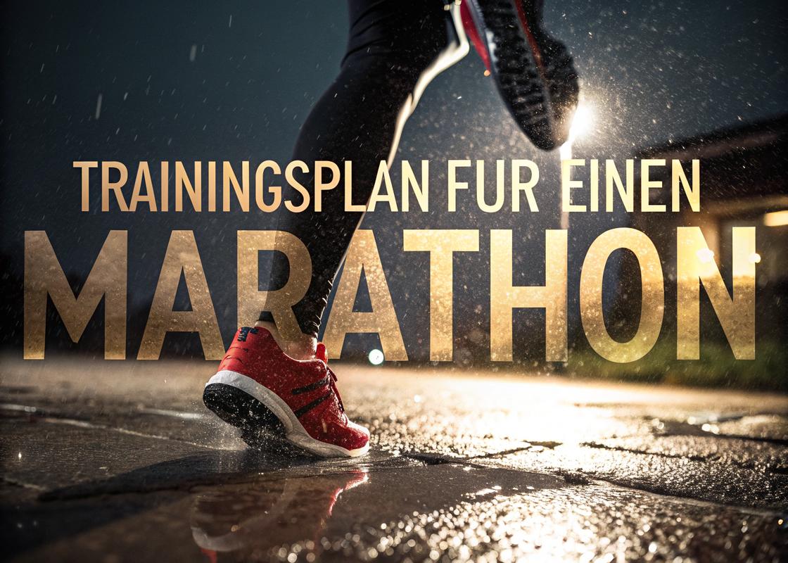 Nahaufnahme eines nassen Laufschuhs beim Intervalltraining mit dem Text 'Trainingsplan für einen Marathon' im Retro-Sportdesign.
