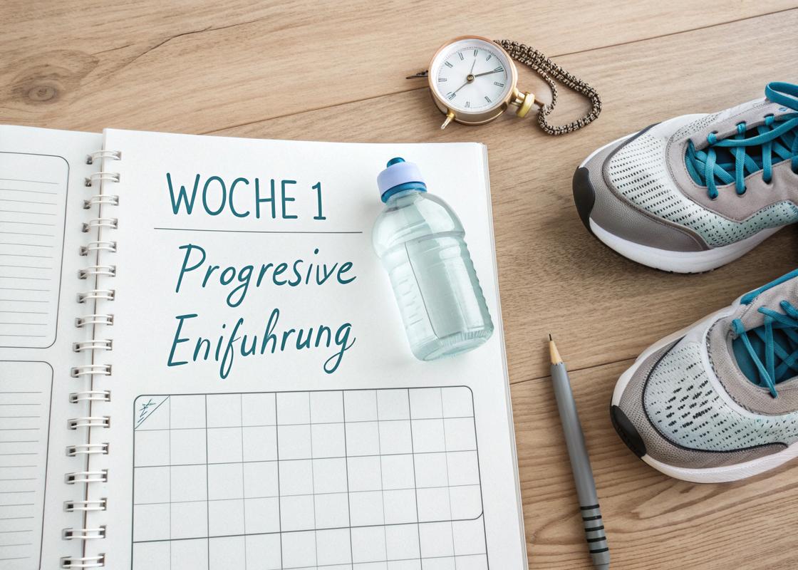Wöchentlicher Trainingsplan auf einem Holztisch mit Wasserflasche, Laufschuhen und einer Stoppuhr, elegant in Kalligrafie geschriebener deutscher Text 'Woche 1 – Progressive Einführung'